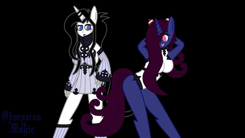 Size: 1024x576 | Tagged: safe, artist:thelordofdust, derpibooru import, oc, oc:maneia, oc:nocturna, unofficial characters only, anthro, unicorn, airfield hime, boots, clothes, cosplay, dress, female, gloves, human facial structure, kantai collection, megalomaneia, obsession is magic, seaport hime, smiling