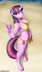 Size: 1128x1920 | Tagged: suggestive, artist:hobbsmeerkat, derpibooru import, twilight sparkle, anthro, unguligrade anthro, unicorn, armpits, ass, beach, bikini, book, breasts, cleavage, clothes, female, side knot underwear, solo, solo female, string bikini, swimsuit, unicorn twilight