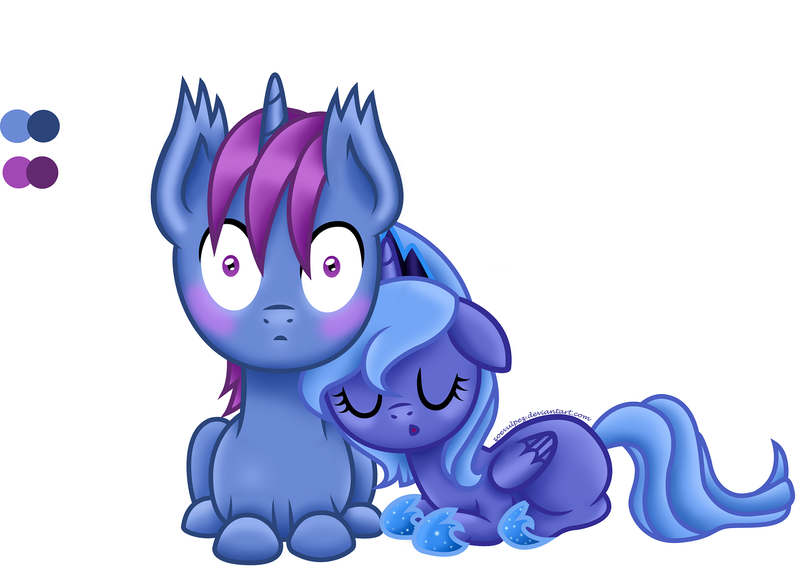 Size: 1881x1350 | Tagged: safe, artist:zoevulpez, derpibooru import, princess luna, oc, oc:azure night, pony, unicorn, :o, azuna, blushing, canon x oc, colt, cute, eyes closed, filly, floppy ears, foal, leaning, lunabetes, male, s1 luna, sleeping, wide eyes, woona, younger