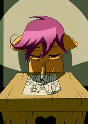 Size: 2480x3507 | Tagged: abandoned, alone, artist:torifeather, crying, derpibooru import, drawing, mouth hold, orphan, pencil, sad, safe, scootalone, scootaloo, scootasad