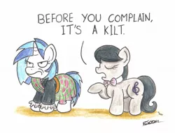 Size: 1662x1270 | Tagged: safe, artist:bobthedalek, derpibooru import, octavia melody, vinyl scratch, earth pony, pony, unicorn, backwards cutie mark, belt, clothes, jacket, kilt, unamused