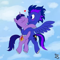 Size: 2000x2000 | Tagged: safe, artist:daskshine, derpibooru import, oc, oc:dask shine, oc:skynight star, unofficial characters only, base used, blushing, flying, gay, heart, kissing, male, shipping, sky, spread wings, unexpected