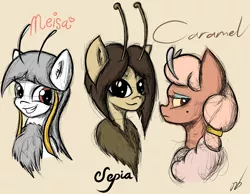 Size: 4258x3305 | Tagged: artist:newbluud, cute, derpibooru import, fluffy, grin, heterochromia, looking at you, mothpony, oc, oc:caramel, oc:meisa, oc:sepia, original species, portrait, safe, smiling, unofficial characters only