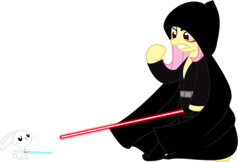 Size: 1024x697 | Tagged: safe, artist:up1ter, derpibooru import, angel bunny, fluttershy, pony, angry, bipedal, fluttersith, glare, gritted teeth, hoof hold, lightsaber, sad, simple background, sith, star wars, transparent background, vector