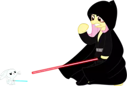 Size: 1024x697 | Tagged: safe, artist:up1ter, derpibooru import, angel bunny, fluttershy, pony, angry, bipedal, fluttersith, glare, gritted teeth, hoof hold, lightsaber, sad, simple background, sith, star wars, transparent background, vector
