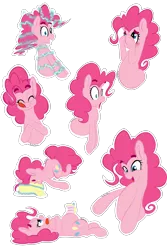 Size: 2000x3000 | Tagged: artist:farewelldecency, belly, cake, derpibooru import, eating, expressions, eyebrows, full, messy eating, pinkie pie, safe, sticker, stuffed