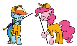 Size: 1000x600 | Tagged: artist:irontwistfim, clothes, community service, derpibooru import, duo, hat, pinkie pie, prisoner, prisoner rd, prison outfit, rainbow dash, safe, smiling, unamused