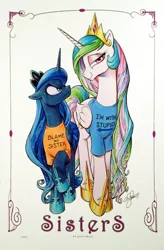 Size: 648x990 | Tagged: safe, artist:andypriceart, derpibooru import, edit, princess celestia, princess luna, alicorn, pony, andy you magnificent bastard, angry, bedroom eyes, blame my sister, clothes, duo, female, frown, glare, i'm with stupid, looking at you, luna is not amused, magic shirt, mare, raised hoof, royal sisters, shirt, sisters, smiling, smirk, t-shirt, trollestia, unamused