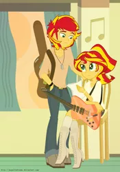 Size: 1304x1867 | Tagged: safe, artist:jaquelindreamz, derpibooru import, sunset shimmer, equestria girls, belt, binary shimmer, bracelet, chair, ear piercing, earring, equestria guys, guitar, half r63 shipping, jewelry, male, music notes, piercing, rule 63, shipping, sunglare, sunset glare