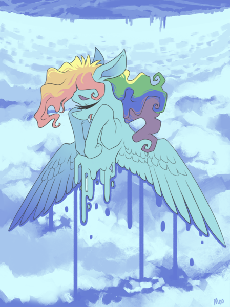 Size: 1000x1336 | Tagged: artist:moo, cloud, cloudy, derpibooru import, rainbow dash, safe, solo, surreal