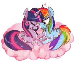 Size: 1000x839 | Tagged: safe, artist:suzuii, derpibooru import, rainbow dash, twilight sparkle, twilight sparkle (alicorn), alicorn, pony, blushing, cloud, female, happy, heart, lesbian, love, mare, shipping, simple background, transparent background, twidash