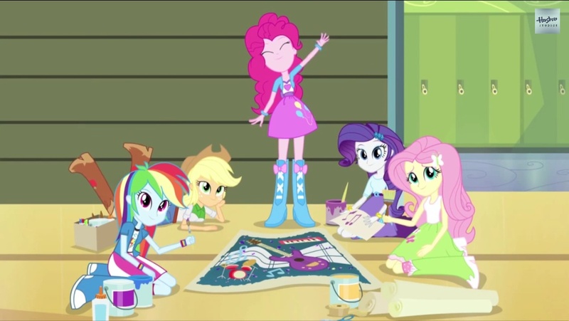 Size: 1136x640 | Tagged: safe, derpibooru import, screencap, applejack, fluttershy, pinkie pie, rainbow dash, rarity, twilight sparkle, equestria girls, rainbow rocks, boots, hasbro studios, high heel boots, humane five, mane six