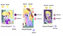 Size: 1280x720 | Tagged: safe, derpibooru import, cloud kicker, cloudy kicks, lavender lace, equestria girls, rainbow rocks, background human, color palette, comparison