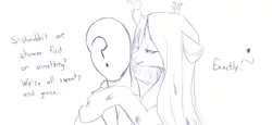 Size: 1300x600 | Tagged: suggestive, artist:jalm, derpibooru import, queen chrysalis, oc, oc:anon, human, :p, bedroom eyes, dialogue, drool, female, heart, hug, licking, male, monochrome, nervous, smiling, straight, sweat, tongue out