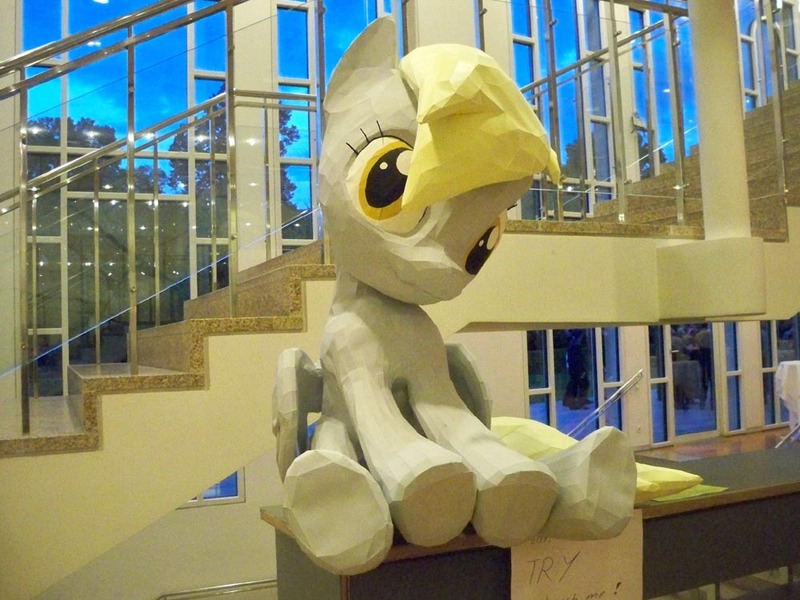 Size: 1000x750 | Tagged: safe, artist:znegil, derpibooru import, derpy hooves, pegasus, pony, 2014, convention, craft, female, galacon, irl, mare, papercraft, photo, sitting, solo