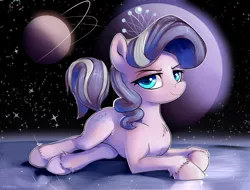 Size: 1998x1515 | Tagged: safe, artist:gsphere, derpibooru import, diamond tiara, female, looking at you, lying down, mare, planet, solo, space, stars, unshorn fetlocks