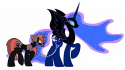 Size: 2048x1135 | Tagged: suggestive, artist:09mawes, derpibooru import, nightmare moon, oc, oc:fenrir bloodmoon, pony, unicorn, ballgag, bdsm, bondage, clothes, collar, crown bolt, ethereal mane, femdom, gag, harness balgag, harness gag, implied lock, implied lock collar, latex, leash, lock, lock collar, male, malesub, pet collar, pet play, raised hoof, simple background, slave collar, socks, stallion, starry mane, submissive, white background