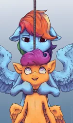 Size: 1087x1814 | Tagged: artist:koviry, derpibooru import, grimdark, hanging, hanging (by neck), happy to die, imminent death, imminent suicide, noose, rainbow dash, sad, scootaloo, suicide