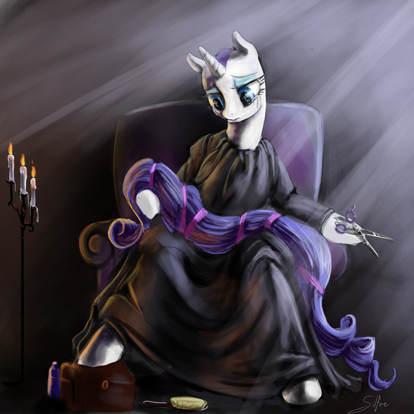 Size: 4000x4000 | Tagged: safe, artist:silfoe, derpibooru import, rarity, semi-anthro, unicorn, absurd resolution, bald, brush, chair, crying, dexterous hooves, female, fine art parody, frown, hair, hoof hold, pieta, sad, scissors, sitting, solo