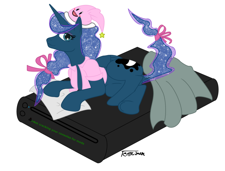 Size: 2900x2200 | Tagged: artist:tentajack, bed, clothes, derpibooru import, gamer luna, hat, kirby, kirby (character), nightcap, pajamas, princess luna, safe, simple background, solo, transparent background, vector, wii u