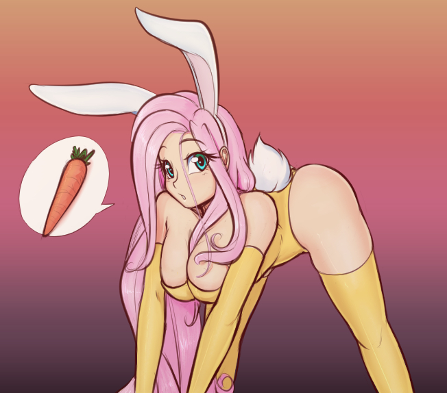 Size: 652x574 | Tagged: adorasexy, artist:scorpdk, ass, bent over, breasts, bunny ears, bunny girl, bunnyshy, bunny suit, bunny tail, busty fluttershy, carrot, cleavage, clothes, cute, derpibooru import, evening gloves, female, flexible, fluttershy, gradient background, human, humanized, leotard, looking at you, :o, pictogram, playboy bunny, sexy, simple background, socks, solo, solo female, speech bubble, stockings, suggestive, thigh highs, wedgie