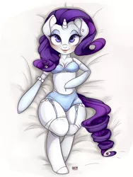 Size: 1200x1600 | Tagged: anthro, arm hooves, artist:grandifloru, bed, belly button, bipedal, bra, bra on pony, breasts, cleavage, clothes, cutie mark underwear, derpibooru import, female, frilly underwear, lingerie, looking at you, panties, piercing, polka dot underwear, rarity, solo, solo female, stockings, suggestive, underwear, wide hips