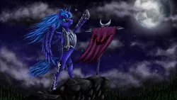 Size: 4000x2250 | Tagged: armor, artist:bra1neater, banner, blood, derpibooru import, forest, moon, new lunar republic, night, princess luna, rearing, semi-grimdark, solo, source needed, spread wings, stars, useless source url, warrior luna, windswept mane