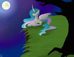 Size: 4500x3500 | Tagged: artist:pinkiamena, crying, curved horn, derpibooru import, mare in the moon, moon, night, princess celestia, prone, sad, safe, solo, spread wings, stars