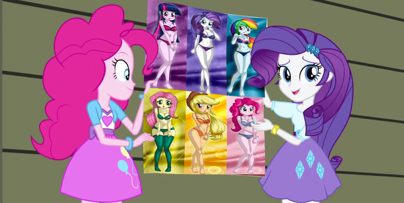 Size: 1366x686 | Tagged: suggestive, artist:ratachu666, derpibooru import, edit, edited screencap, screencap, applejack, fluttershy, pinkie pie, rainbow dash, rarity, sci-twi, twilight sparkle, equestria girls, equestria girls (movie), absolute cleavage, barefoot, belly button, bikini, bra, breasts, cleavage, clothes, cropped, exploitable meme, feet, female, females only, humane five, humane six, lingerie, lips, lipstick, mane six, meme, needs more jpeg, no drama, panties, rainboom's advertisement, sexy, stockings, swimsuit, underwear