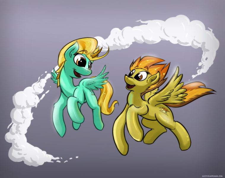 Size: 2711x2144 | Tagged: safe, artist:azzy-cola, derpibooru import, lightning dust, spitfire, :d, cloud, cutie mark, flying, happy, image, jpeg, looking at each other, open mouth, open smile, smiling, smiling at each other, smoke, spread wings, wings