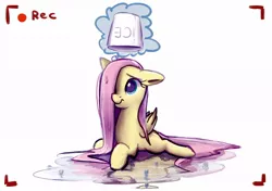 Size: 1000x702 | Tagged: safe, artist:junkiekb, derpibooru import, fluttershy, pegasus, pony, cute, female, ice bucket challenge, mare, missing cutie mark, prone, shyabetes, solo, wet mane