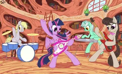 Size: 3508x2152 | Tagged: safe, artist:jowybean, derpibooru import, derpy hooves, lyra heartstrings, octavia melody, twilight sparkle, twilight sparkle (alicorn), alicorn, pony, band, bipedal, drums, female, gitaroo man, golden oaks library, guitar, keyboard, mare, musical instrument, open mouth, rehearsal, rock band