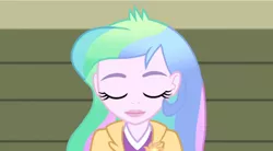 Size: 850x468 | Tagged: safe, derpibooru import, screencap, princess celestia, equestria girls, rainbow rocks, close-up, cutie mark accessory, eyes closed, principal celestia, solo