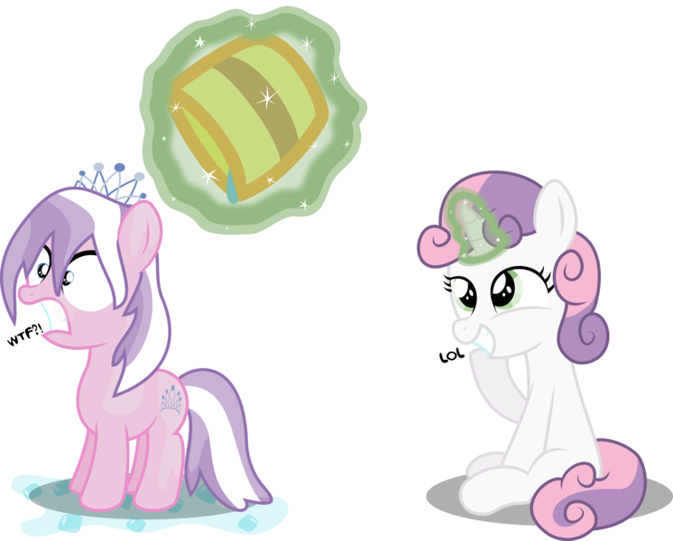 Size: 13233x10647 | Tagged: safe, artist:bigdream64, derpibooru import, diamond tiara, sweetie belle, earth pony, pony, unicorn, absurd resolution, female, filly, grin, gritted teeth, ice bucket challenge, levitation, lol, magic, simple background, sitting, smiling, sweetie belle's magic brings a great big smile, sweetie troll, telekinesis, transparent background, vector, wet mane