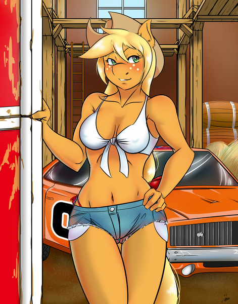 Size: 1493x1900 | Tagged: anthro, applebucking thighs, applejack, artist:the-unicorn-lord, barn, belly button, breasts, car, clothes, crossover, daisy dukes, dead source, derpibooru import, dodge charger, dukes of hazzard, front knot midriff, general lee, knot shirt, midriff, panties, solo, string bikini, suggestive, tail bow, thong, underwear