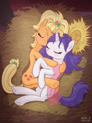 Size: 960x1280 | Tagged: safe, artist:syoee b, derpibooru import, applejack, rarity, earth pony, pony, unicorn, applejewel, barn, blushing, clothes, cuddling, eyes closed, female, hay, image, jpeg, lesbian, mare, plot, rarihick, rarijack, shipping, sleeping, smiling, snuggling, underhoof