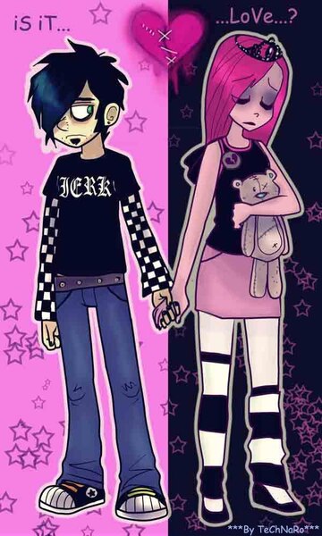 Size: 600x1000 | Tagged: artist:technaro, clothes, comic sans, converse, crossover shipping, dan, dan pie, dan vs, derpibooru import, emo, eyeshadow, female, goth, gothic pinkie, heart, holding hands, human, humanized, jeans, male, pinkamena diane pie, pinkie pie, safe, shipping, shoes, skirt, stockings, straight, teddy bear, tiara