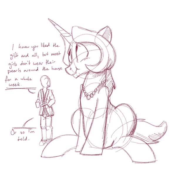 Size: 700x700 | Tagged: safe, artist:goat train, deleted from derpibooru, derpibooru import, oc, oc:anon, oc:gloomy, unofficial characters only, human, pony, dialogue, giant pony, looking away, macro, monochrome, necklace, scrunchy face, sketch