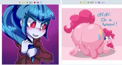 Size: 505x271 | Tagged: suggestive, artist:graphenescloset, artist:kaliptro, derpibooru import, pinkie pie, sonata dusk, derpibooru, equestria girls, rainbow rocks, balloonbutt, belly, blushing, dat butt, exploitable meme, eyes on the prize, fat, female, gem, huge butt, impossibly large butt, jiggle, juxtaposition, juxtaposition win, large butt, meme, meta, morbidly obese, obese, piggy pie, pinkie sense, plot, pudgy pie, siren gem, solo, the ass was fat