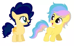 Size: 560x346 | Tagged: safe, artist:unoriginai, derpibooru import, oc, unofficial characters only, earth pony, pony, blank flank, colt, cousins, crack shipping, cute, duo, filly, male, offspring, parent:braeburn, parent:cheese sandwich, parent:princess celestia, parent:princess luna, parents:celestiburn, parents:lunacheese, simple background, white background