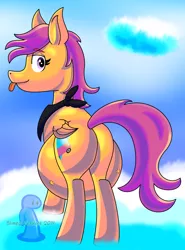 Size: 2000x2700 | Tagged: artist:slimeyjenkins, belly, derpibooru import, looking at you, momma scoots, pregnant, scootaloo, solo, suggestive, teasing, tumblr