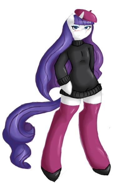 Size: 5000x8000 | Tagged: absurd resolution, anthro, arm hooves, artist:avante92, beatnik rarity, bedroom eyes, beret, blushing, clothes, derpibooru import, hat, rarity, safe, shoes, solo, stockings, sweater, sweater dress, thigh highs, unguligrade anthro