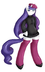 Size: 5000x8000 | Tagged: absurd resolution, anthro, arm hooves, artist:avante92, beatnik rarity, bedroom eyes, beret, blushing, clothes, derpibooru import, hat, rarity, safe, shoes, solo, stockings, sweater, sweater dress, thigh highs, unguligrade anthro