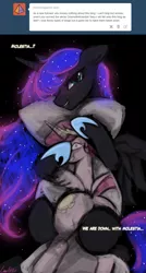 Size: 774x1440 | Tagged: suggestive, artist:lumineko, derpibooru import, nightmare moon, princess celestia, princess luna, alicorn, pony, princess molestia, bedroom eyes, body pillow, down with molestia, drama, dreamluna, floppy ears, hug, implied lesbian, looking at you, moluna, nightmare luna, on back, open mouth, pillow hug, smiling, tumblr