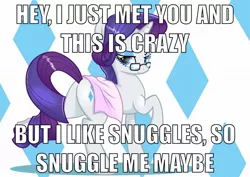 Size: 1228x868 | Tagged: artist:wonkysole, bedroom eyes, call me maybe, derpibooru import, edit, image macro, imma snuggle you, looking at you, looking back, meme, plot, raised hoof, rarity, safe, smiling, snuggling, towel