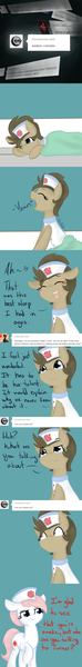 Size: 565x4560 | Tagged: artist:lilliesinthegarden, ask, blanket, comic, crossdressing, derpibooru import, dialogue, doctor whooves, happy, nurse, nurse redheart, nurse turner, safe, sleeping, time turner, tumblr, waking up, yawn