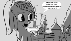 Size: 2940x1708 | Tagged: safe, artist:cosmonaut, derpibooru import, princess luna, oc, oc:marina fae, alicorn, pony, unicorn, ask marina fae, ask, canterlot, canterlot castle, giant pony, giant unicorn, giantess, macro, monochrome, sundown, tumblr