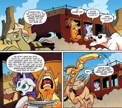 Size: 1400x1239 | Tagged: safe, derpibooru import, idw, angus mcsteer, applejack, doc holstein, rarity, the stranger (character), bull, earth pony, pony, unicorn, spoiler:comic, spoiler:comicff8, female, male, mare, nose in the air, ponies riding bulls, riding, stagecoach, stallion, the stranger
