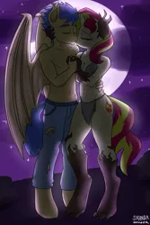 Size: 1280x1920 | Tagged: suggestive, artist:strangerdanger, derpibooru import, flash sentry, sunset shimmer, anthro, bat pony, hengstwolf, timber werepony, timber wolf, unguligrade anthro, vampire, bare chest, breasts, cleavage, clothes, couple, female, flashimmer, full moon, holding hands, kissing, loincloth, love, male, moon, night, pants, race swap, scar, shipping, species swap, starry night, straight, timber wolfified, topless