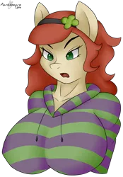 Size: 680x975 | Tagged: suggestive, artist:marukomuru, derpibooru import, oc, oc:vivian james, ponified, unofficial characters only, anthro, earth pony, 4chan, anthro oc, big breasts, breasts, bust, clothes, clover, female, four leaf clover, no pupils, open mouth, portrait, simple background, solo, solo female, sweater, transparent background, /v/